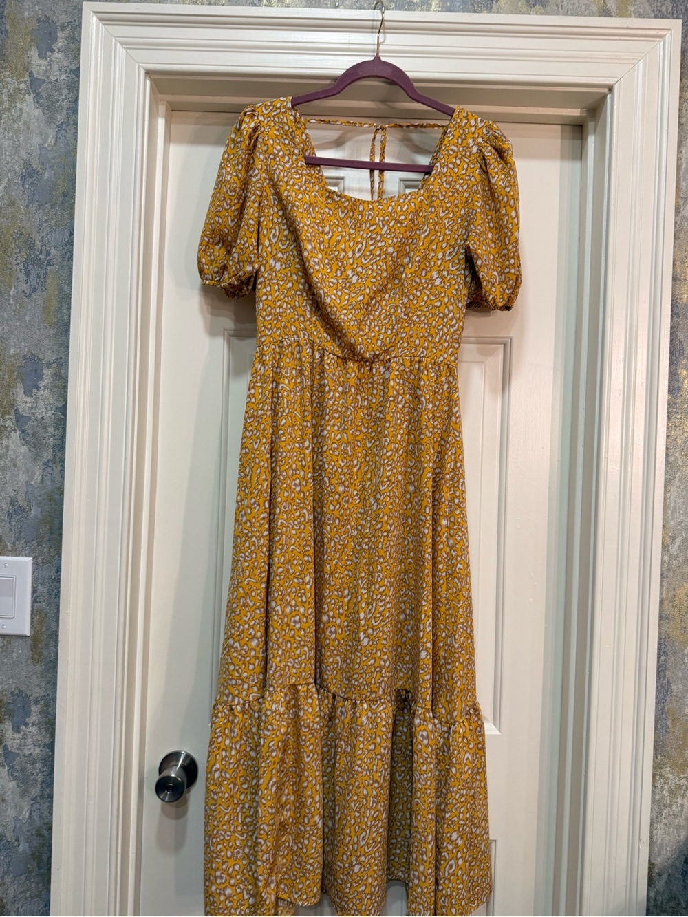 Yellow Floral Puff-Sleeve Midi Dress